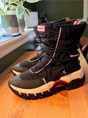 Hunter Black Winter Boots with Red and White Accents